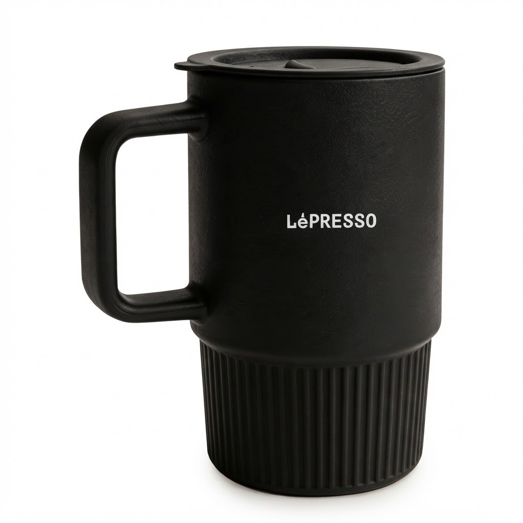 كوب LePresso Gripor من البورسلان مع قاعدة شفط وغطاء – 400 مل – أسود