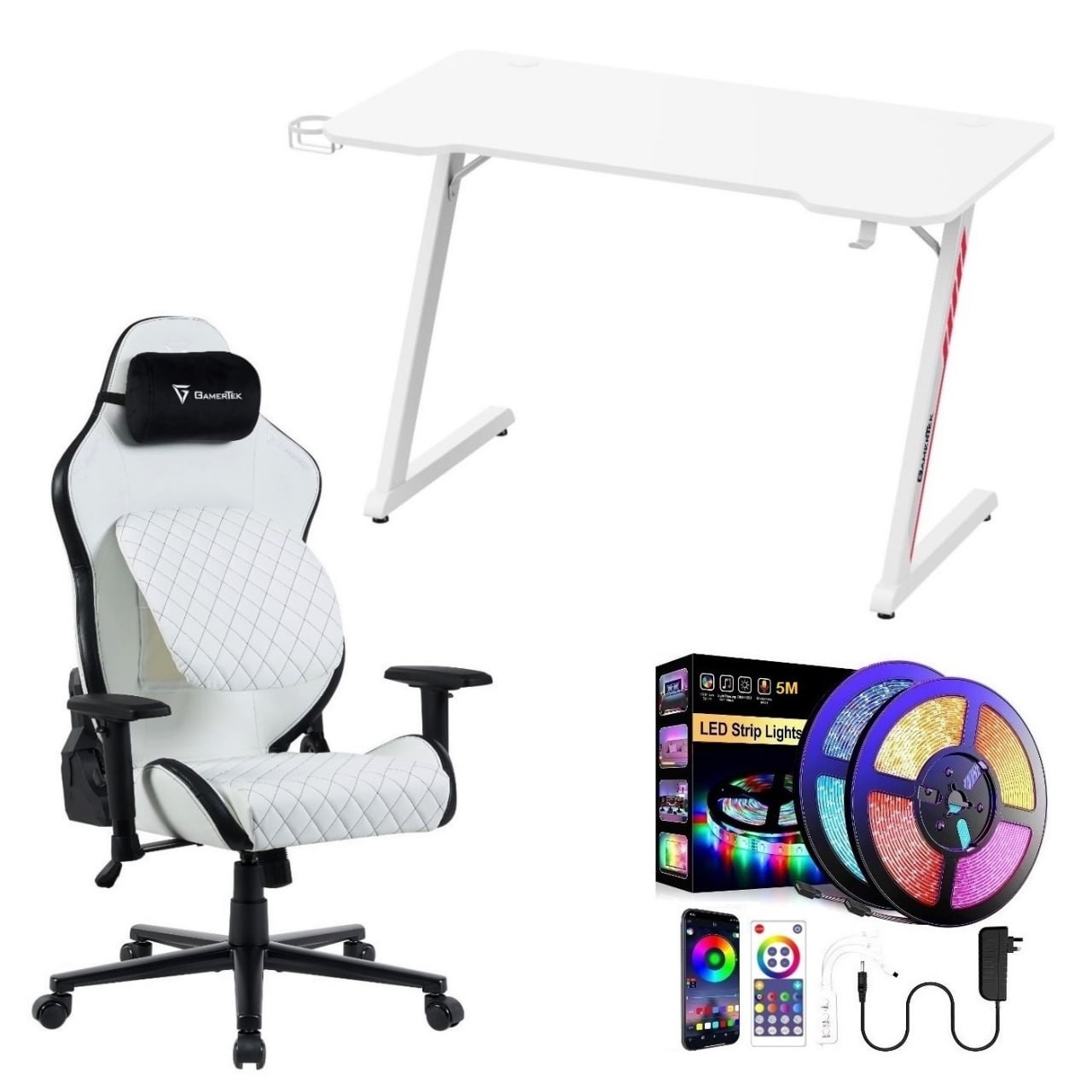 بكج سيت اب قيمنق متكامل جيمرتيك (ميز Z-Shape + كرسي أبيض + شريط إضاءة RGB)