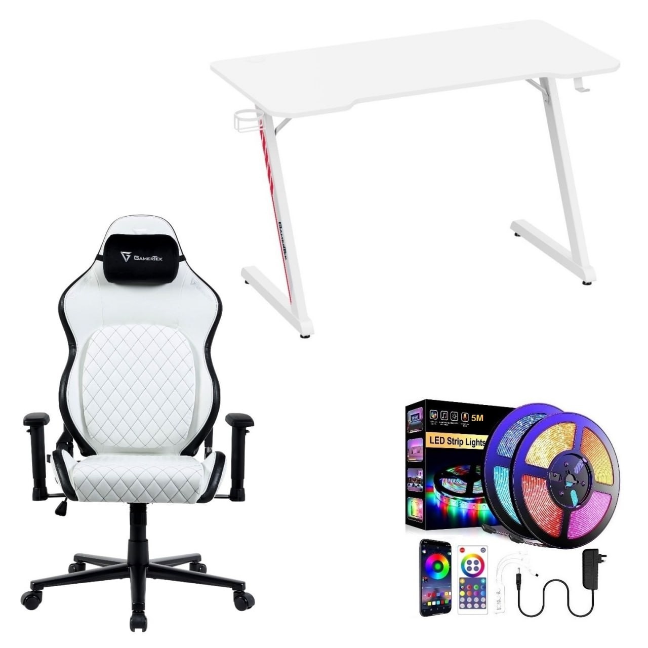 بكج سيت اب قيمنق متكامل (ميز ألعاب كاربون فايبر + كرسي قيمنق احترافي أبيض + شريط ليد RGB)