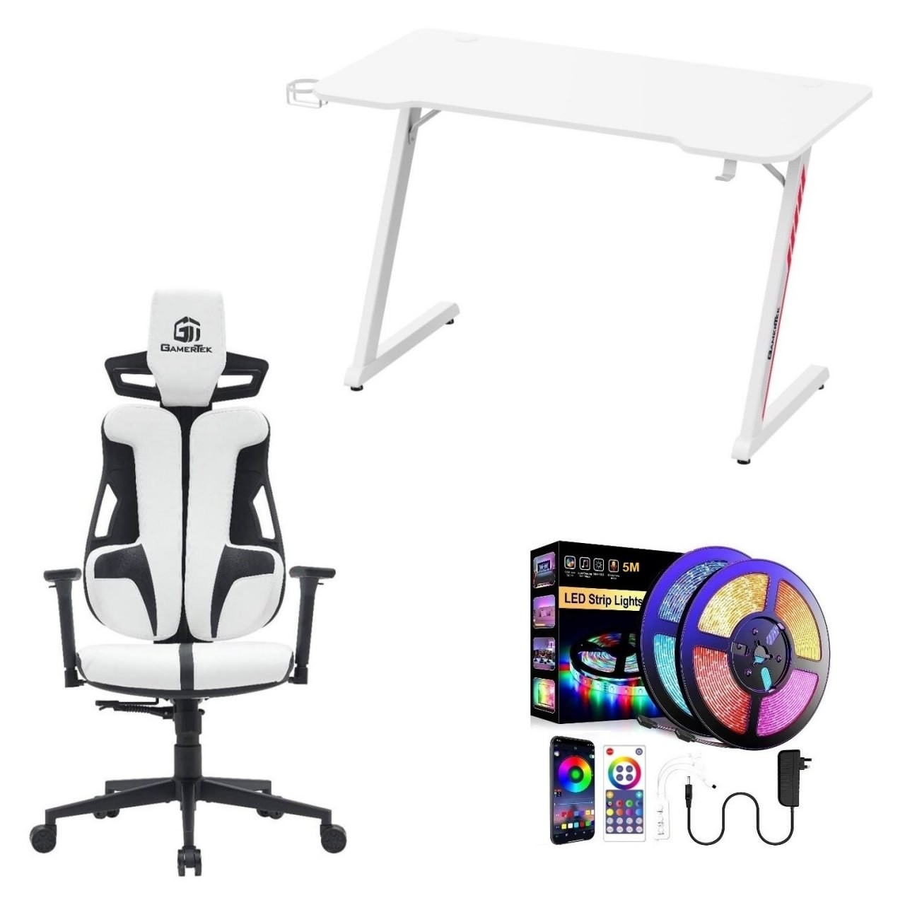 بكج سيت اب قيمنق متكامل (ميز Z-Shape أبيض 120 سم + كرسي قيمنق أبيض كيمر تك + شريط ليد RGB)