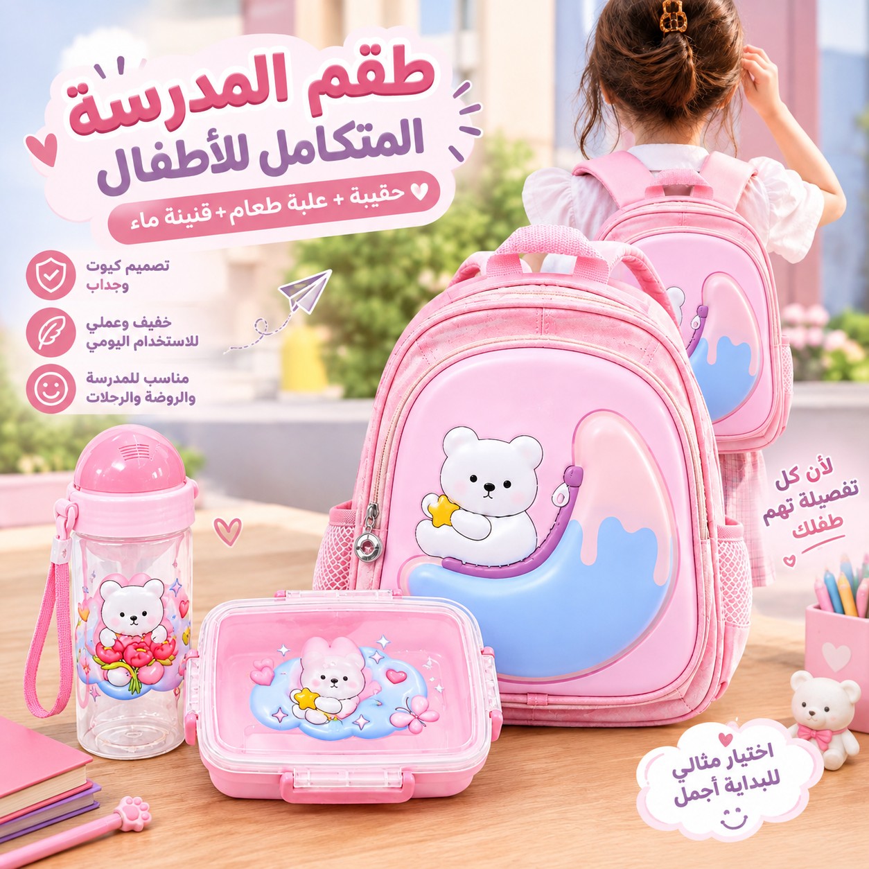 طقم اطفال مدرسي ( حقيبة + حافظة طعام + مطارة ماء )