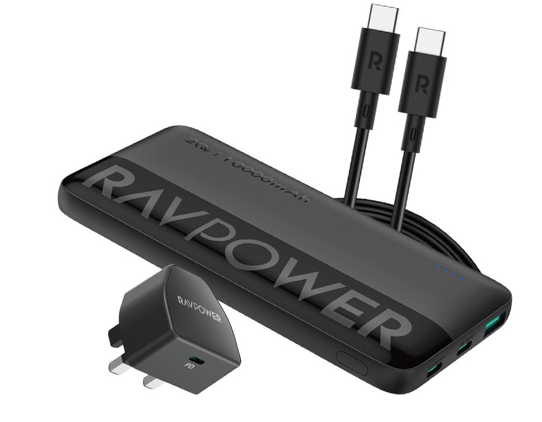 باقة RAVPower PC1085 شاحن جداري 20 واط وباور بانك 10000mAh مع كيبل USB-C أسود