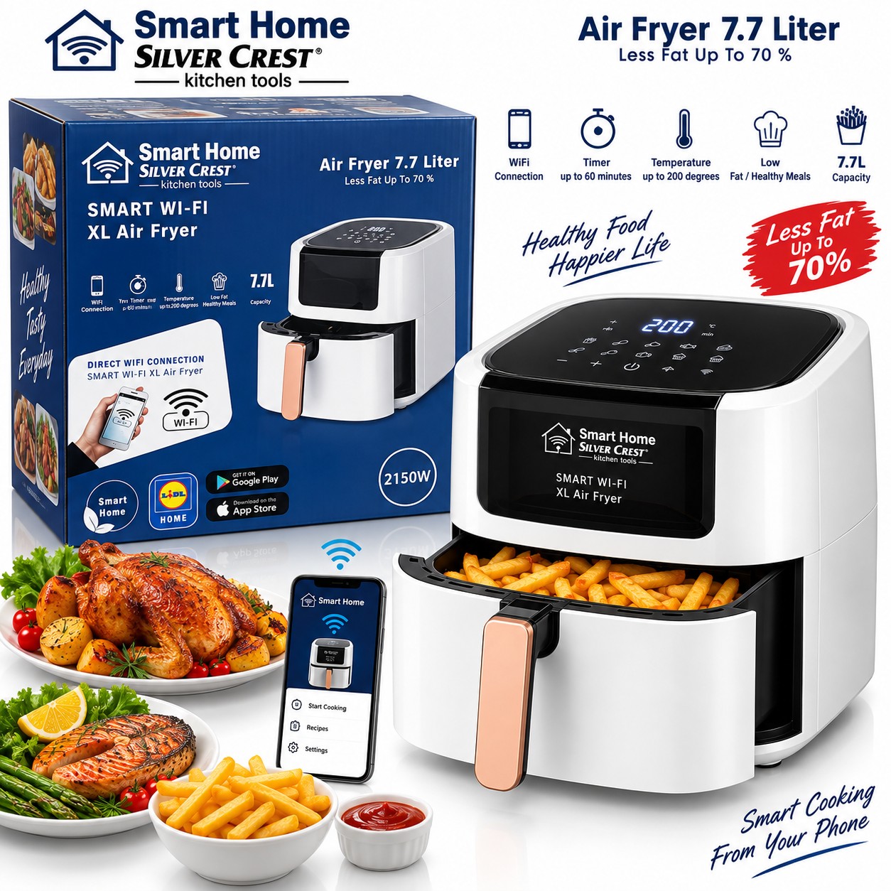 قلاية هوائية ذكية Silver Crest Smart Home بسعة 7.7 لتر مع Wi-Fi