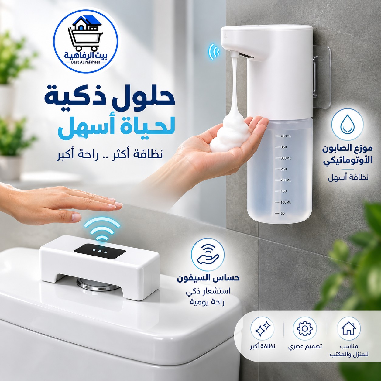 مجموعة الحمام الذكي من بيت الرفاهية موزع صابون اوتماتيكي مع حساس سيفون ذكي .