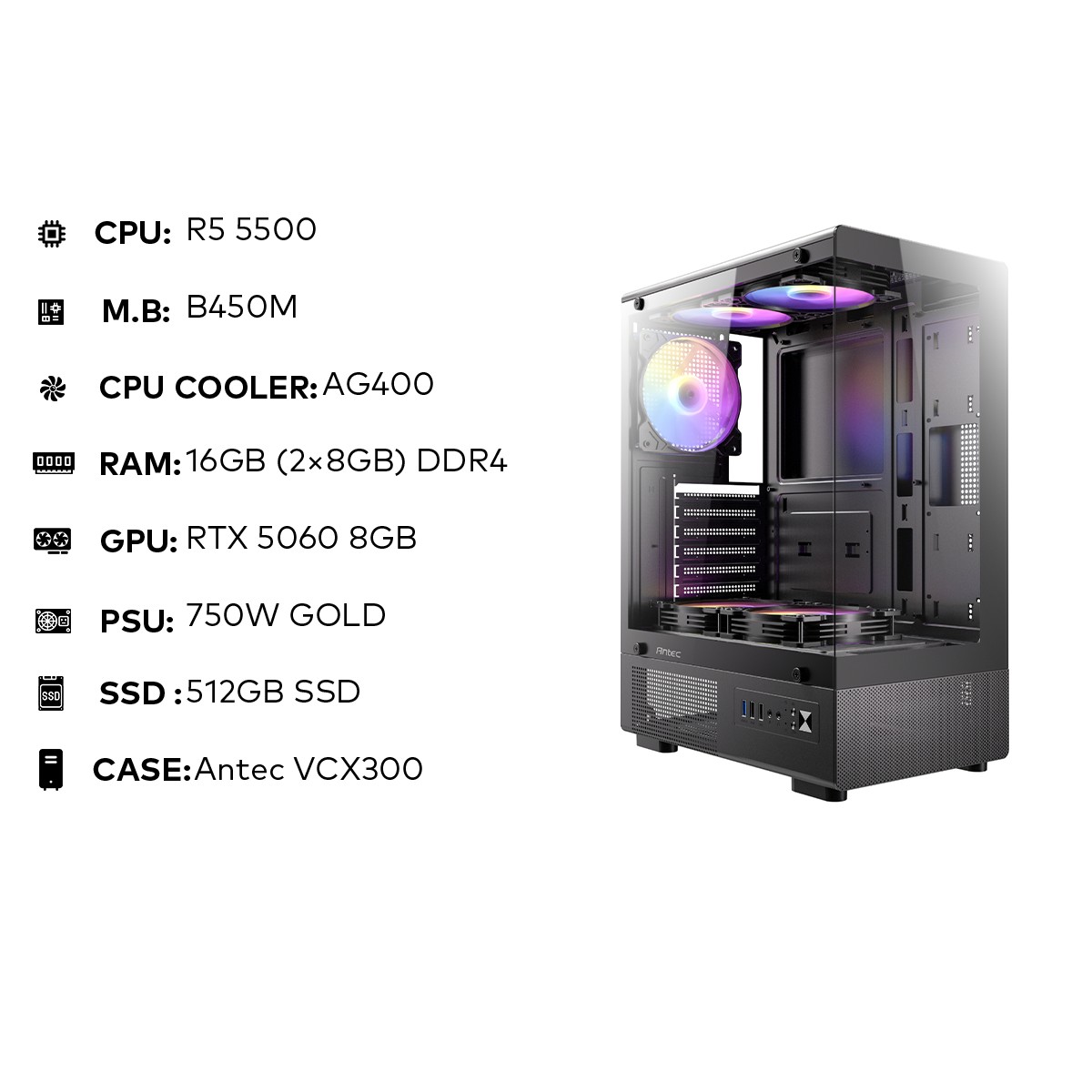 تجميعة ألعاب Ryzen 5 5500 مع RTX 5060 – 16GB DDR4 وSSD 512GB