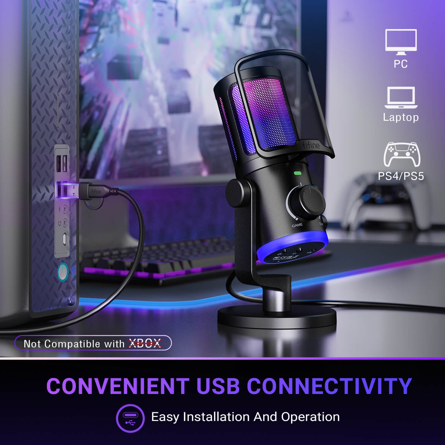 ميكروفون FIFINE AmpliGame AM6 مكثف USB مع إضاءة RGB