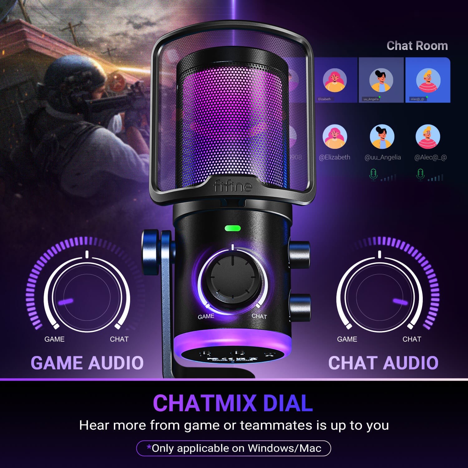 ميكروفون FIFINE AmpliGame AM6 مكثف USB مع إضاءة RGB