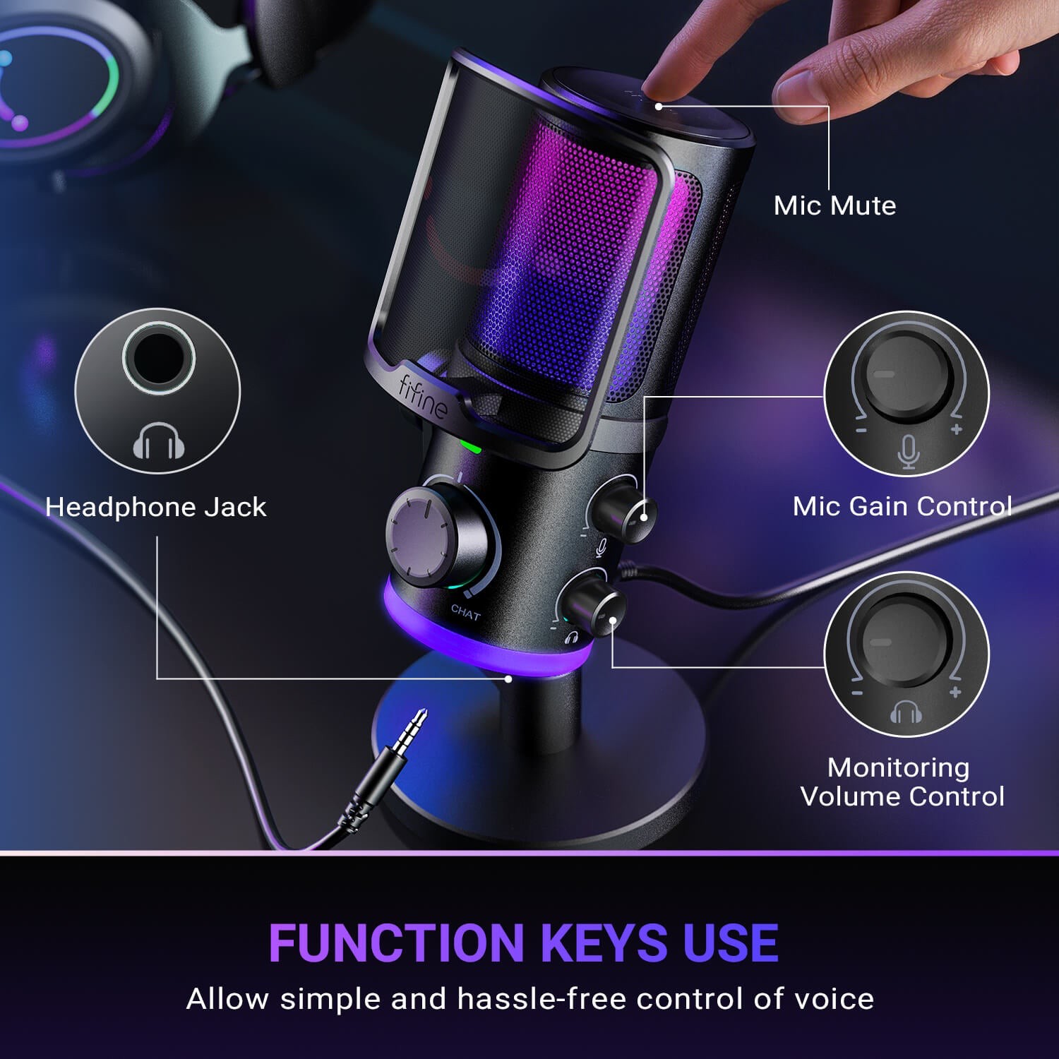 ميكروفون FIFINE AmpliGame AM6 مكثف USB مع إضاءة RGB
