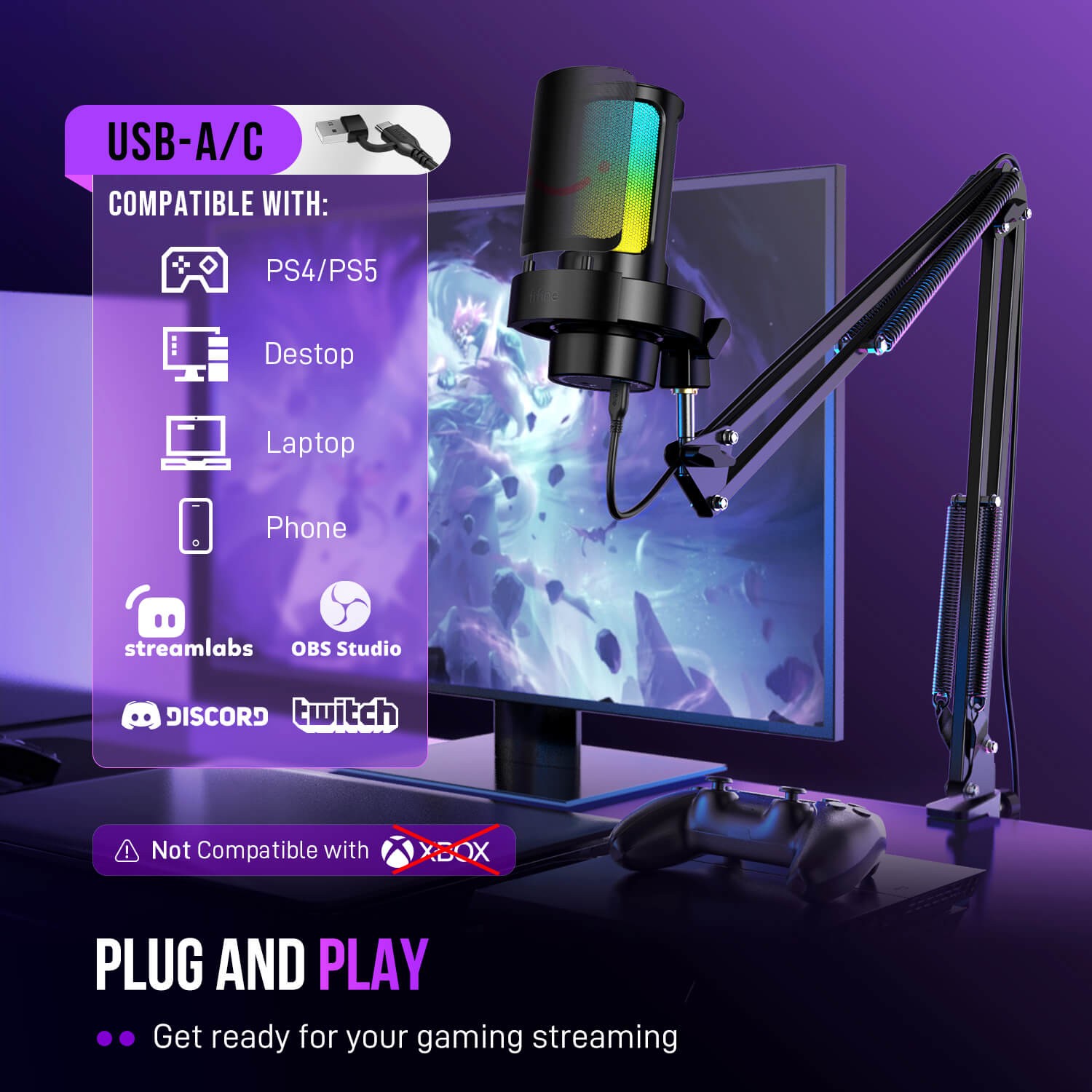 ميكروفون FIFINE AmpliGame A8T مكثف USB مع حامل ذراع وإضاءة RGB