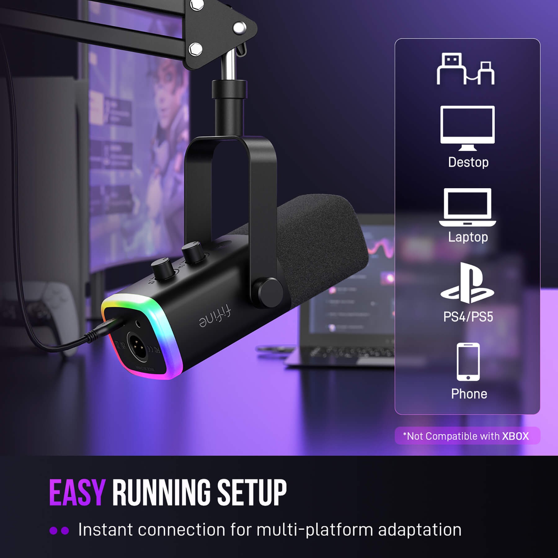 ميكروفون FIFINE AmpliGame AM8T ديناميكي USB/XLR مع حامل ذراع وإضاءة RGB