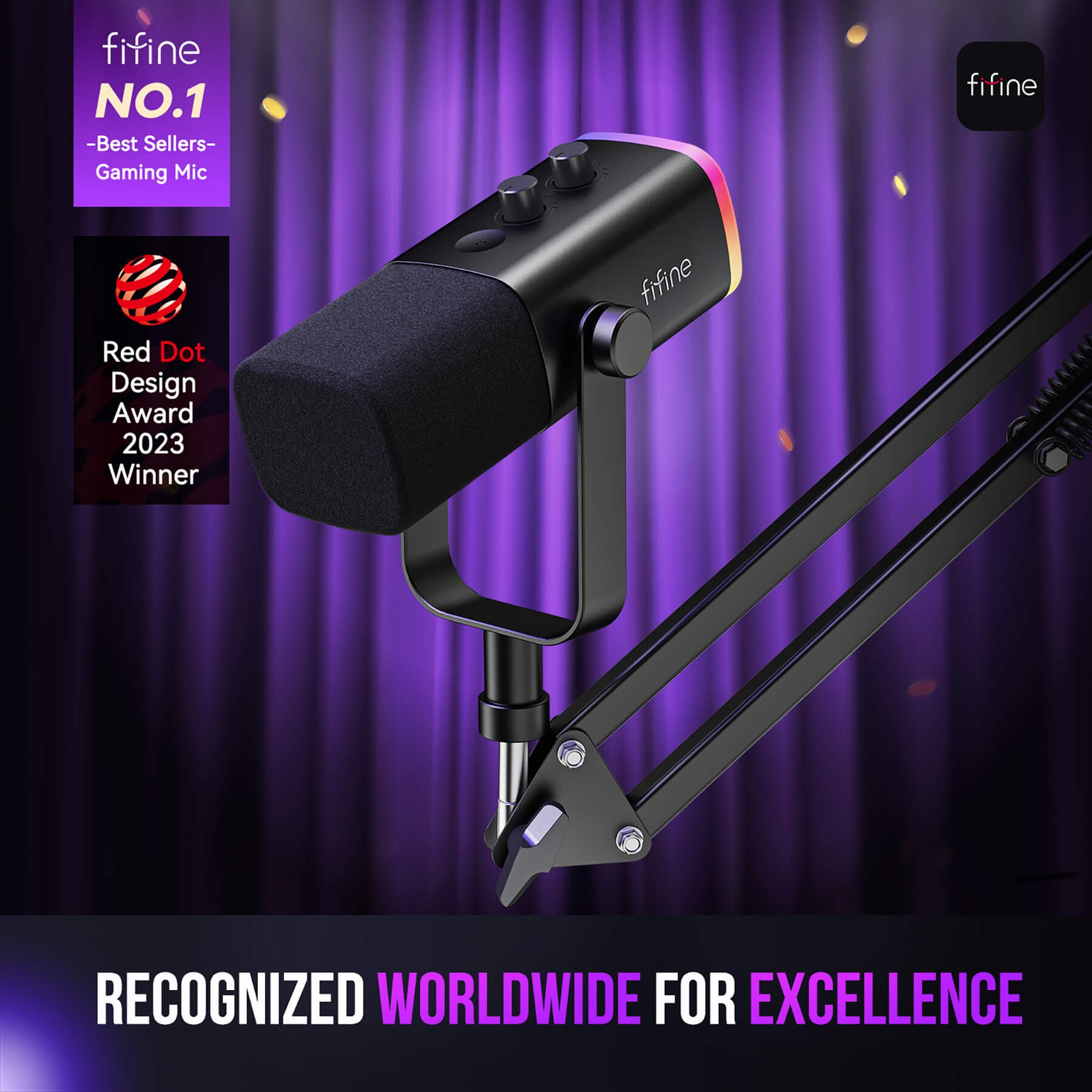 ميكروفون FIFINE AmpliGame AM8T ديناميكي USB/XLR مع حامل ذراع وإضاءة RGB