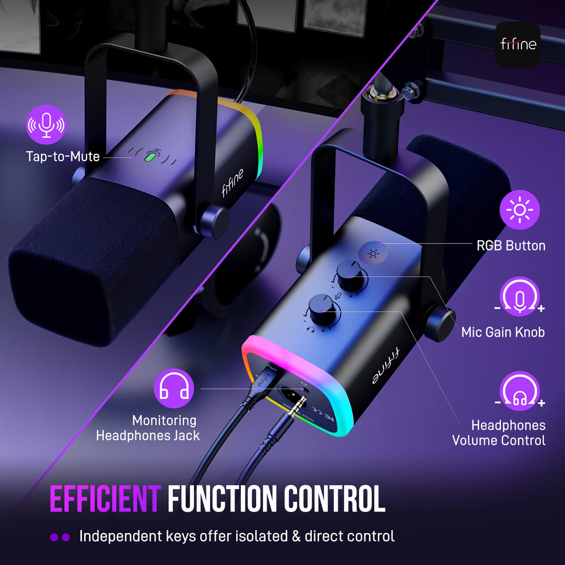 ميكروفون FIFINE AmpliGame AM8T ديناميكي USB/XLR مع حامل ذراع وإضاءة RGB