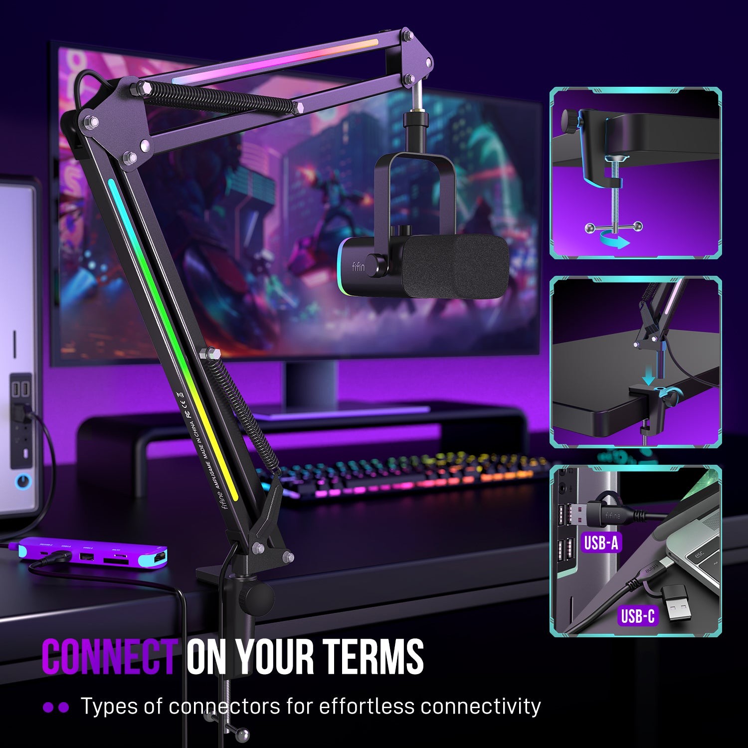 ذراع ميكروفون FIFINE AmpliGame BM38 مكتبي بإضاءة RGB