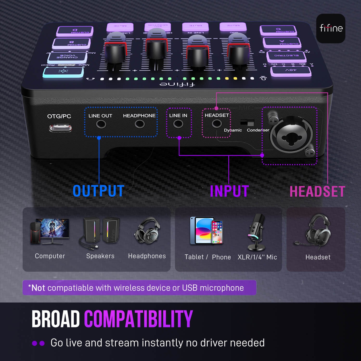 ميكسر صوت FIFINE AmpliGame SC3 للألعاب مع إضاءة RGB