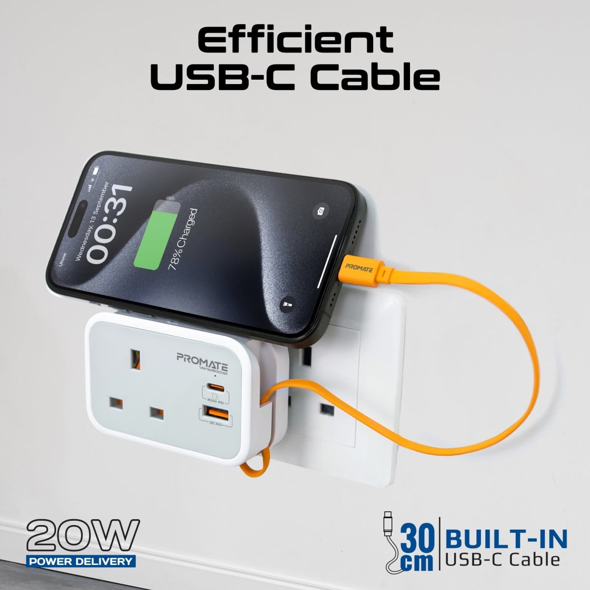 شاحن ومقبس كهربائي متعدد الوظائف مع كابل مدمج USB-C من PROMATE