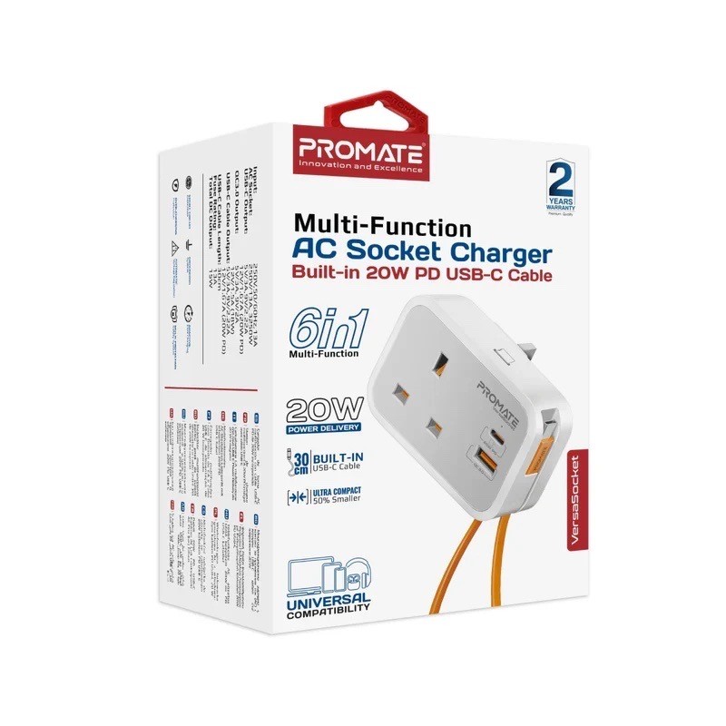 شاحن ومقبس كهربائي متعدد الوظائف مع كابل مدمج USB-C من PROMATE
