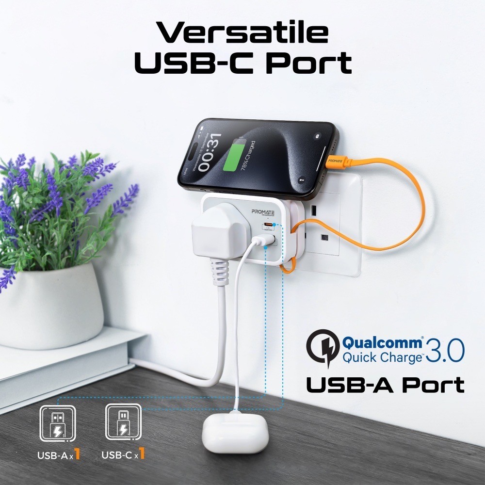 شاحن ومقبس كهربائي متعدد الوظائف مع كابل مدمج USB-C من PROMATE