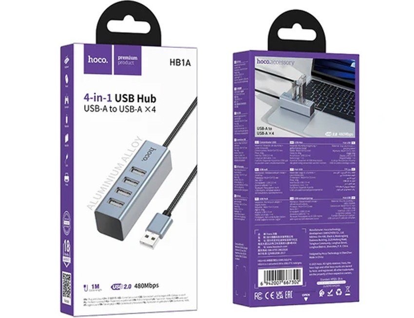 موزع هاب USB من هوكو 4 في 1 بسرعة نقل 480Mbps