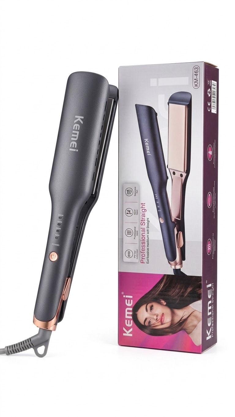 كاوية ومملس الشعر الاحترافي بتصميم عريض وأنيق من كيمي (Kemei Professional Hair Straightener - KM-463)