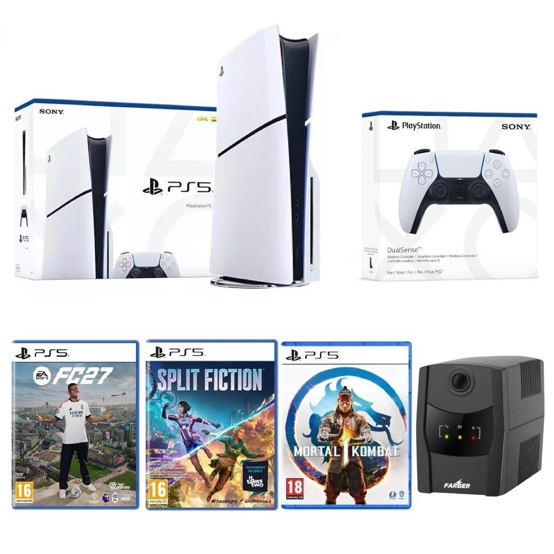 بكج جهاز بلايستيشن 5 سليم مع يدين تحكم، 3 ألعاب منوعة، وجهاز يو بي اس فاربر (PS5 Slim Complete Ultimate Bundle)