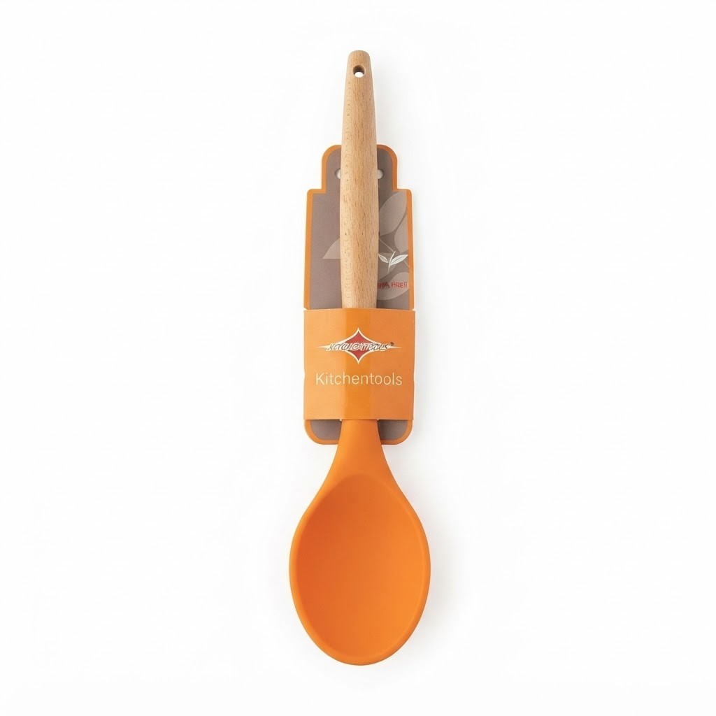 Junyobee Orange Silicone Cooking Spoon with Wooden Handle