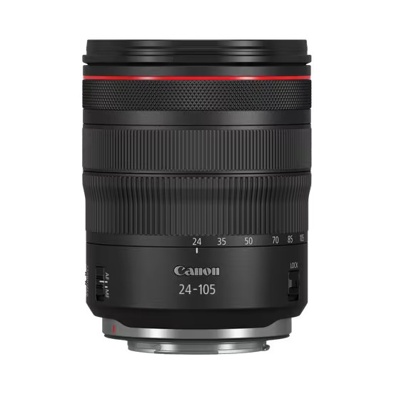 عدسة زوم قياسية Canon RF 24–105mm F4 L IS USM بفتحة عدسة ثابتة f/4، ومثبت للصورة، وتركيز تلقائي USM.