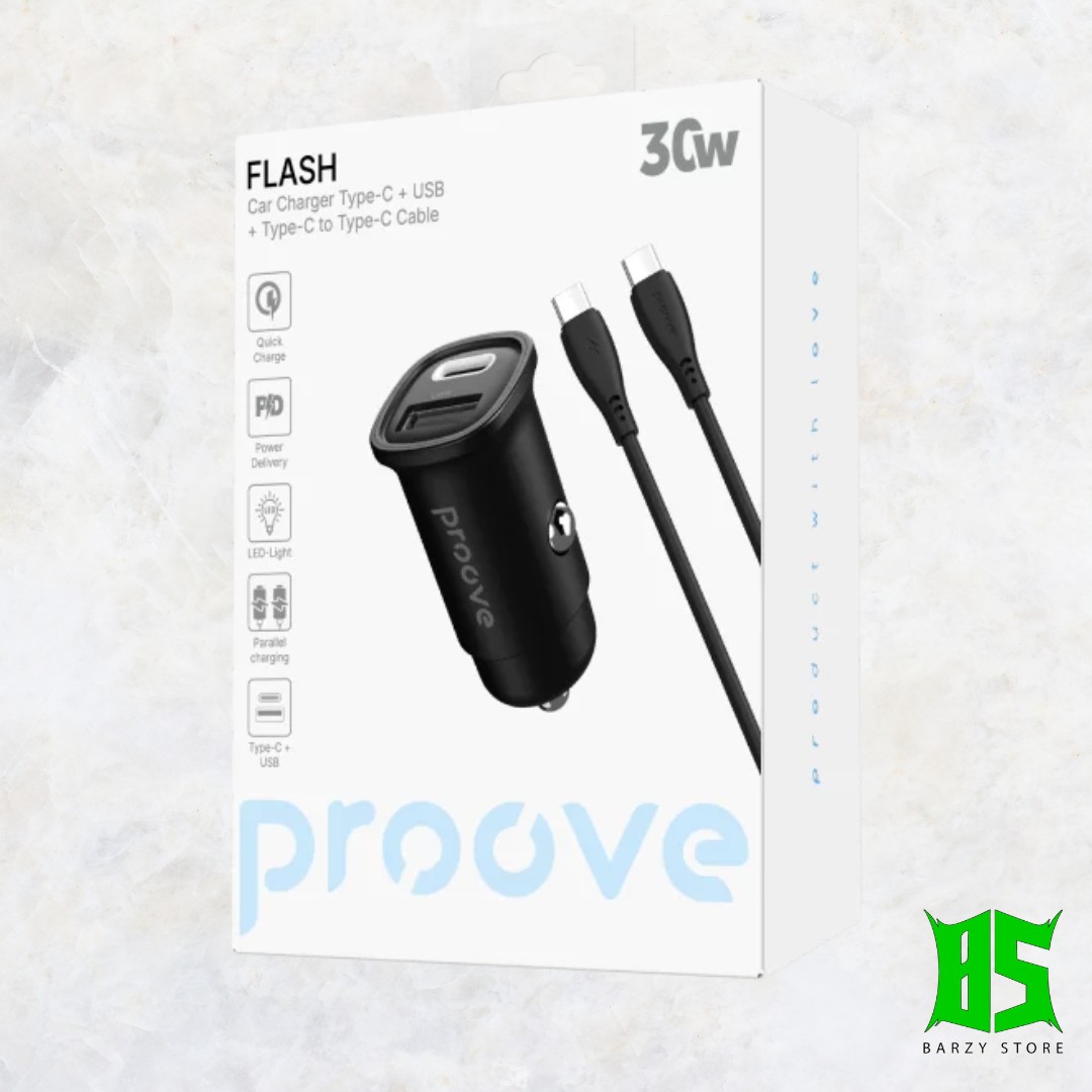 Proove Flash Car Charger 30W Type-C + USB with Type-C to Type-C Cable
