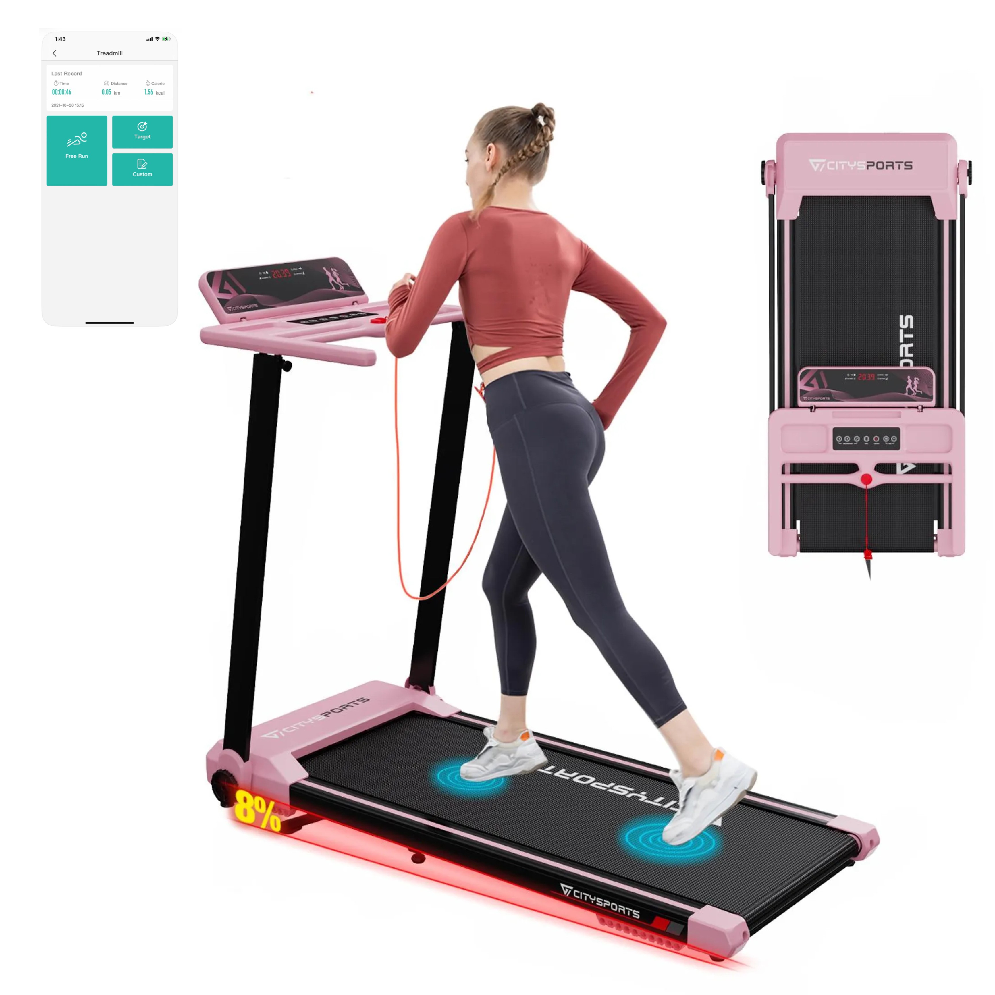 CITYSPORTS Smart Foldable Treadmill – Pink (Supports over 120 kg)