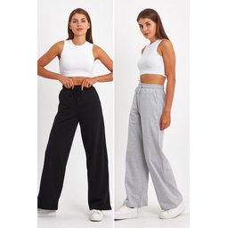 بنطلون رياضي نسائي فضفاض مريح بخصر مرن وجيوب جانبية - أسود-رمادي (عبوة من 2) Women's Loose Fit Wide Leg Tracksuit Bottoms with Side Pockets - Black-Anthracite (2-Pack)