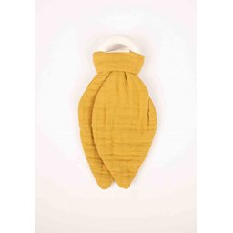 عضاضة أسنان من قماش الموسلين والخشب الطبيعي - أصفر خردلي Wooden Muslin Fabric Teether - Mustard Yellow