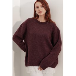 كنزة نسائية تريكو فضفاضة بتفاصيل تول 15968 - خمري Women's Oversize Knitted Sweater with Tulle Detail 15968 - Burgundy