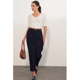 بنطلون نسائي قماشي بحزام 30136 - كحلي Women's Belted Fabric Trousers 30136 - Navy Blue