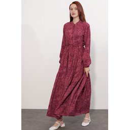 فستان نسائي طويل محتشم بنقشة 2586 - خمري Women's Patterned Long Modest Dress 2586 - Burgundy