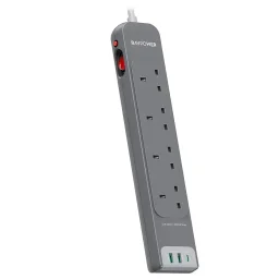 شريط كهرباء من راف باور PC1039 مع شحن PD بقدرة 30 واط، 4 منافذ تيار متردد (AC)، 2 منافذ USB-A، منفذ USB-C واحد، طول 3 أمتار RAVpower PC1039 PD30W 4 AC 2A 1C Ports Power Strip 3m