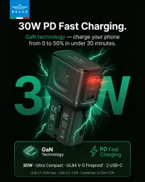 بريف شاحن سفر عالمي GaN بمنفذين وقدرة 30W موديل BTC-48 Brave 30W GaN 2-Port Universal Travel Charger BTC-48