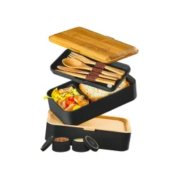صندوق غداء "أومامي بينتو" (Umami Bento) طقم مزدوج - لون أسود وخشب الخيزران Umami Bento Box Dual Set - Black & Bamboo