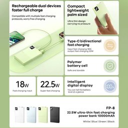 باور بانك ريماكس FP-8 بسعة 10000 مللي أمبير شحن سريع 22.5 واط بتصميم نحيف وشاشة LED REMAX FP-8 Power Bank 10000mAh 22.5W