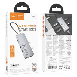 محول hoco HB51 Wow نوع Type-C هب 6 في 1 - نقل 5Gbps وفيديو 4K وشحن PD100W ومنفذ RJ45 hoco HB51 Type-C Hub 6 In 1