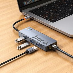 محول hoco HB51 Wow نوع Type-C هب 6 في 1 - نقل 5Gbps وفيديو 4K وشحن PD100W ومنفذ RJ45 hoco HB51 Type-C Hub 6 In 1