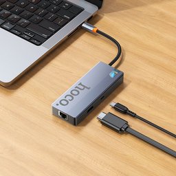 محول hoco HB51 Wow نوع Type-C هب 6 في 1 - نقل 5Gbps وفيديو 4K وشحن PD100W ومنفذ RJ45 hoco HB51 Type-C Hub 6 In 1