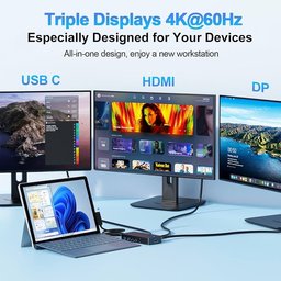 قاعدة توصيل جديدة تدعم ثلاث شاشات بدقة 4K وتردد 60 هرتز (عبر منافذ HDMI وUSB-C وDP) ومتوافقة مع أجهزة Surface Pro. New Dock Triple Displays 4K@60Hz HDMI+USB C+DP Compatible with Surface Pro