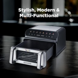وقلاية هوائية وشواية بيتزا رقمية 5 في 1 من إنتاج شركة بلاك أند ديكر (Black & Decker). A 5-in-1 digital air fryer and pizza oven from Black & Decker.