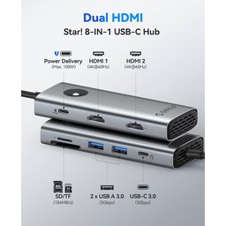 محطة إرساء ORICO بمنفذ USB-C تدعم شاشتين، وموزع USB-C متعدد المنافذ (8 في 1) مزود بمنفذي HDMI ORICO USB-C Docking Station Dual Monitor, 8-in-1 USB-C Hub with 2 HDMI