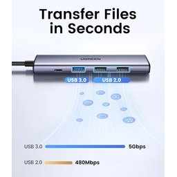 UGREEN 5 في 1 | محول موزع (Hub) من USB-C إلى HDMI | منفذ USB-A 3.0 ومنفذا USB-A 2.0 | تقنية PD بقدرة 100 واط UGREEN 5 IN 1 | USB C TO HDMI HUB ADAPTER | USB-A 3. 2X USB-A 2.0 | PD 100W