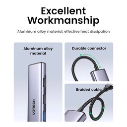 UGREEN 5 في 1 | محول موزع (Hub) من USB-C إلى HDMI | منفذ USB-A 3.0 ومنفذا USB-A 2.0 | تقنية PD بقدرة 100 واط UGREEN 5 IN 1 | USB C TO HDMI HUB ADAPTER | USB-A 3. 2X USB-A 2.0 | PD 100W