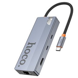 محول hoco HB52 Wow نوع Type-C هب 8 في 1 - نقل 5Gbps وفيديو 4K وشحن PD100W ومنفذ RJ45 وقارئ SD/TF hoco HB52 Wow Type-C Hub 8 In 1