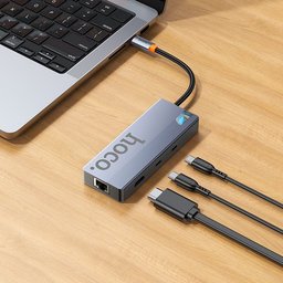 محول hoco HB52 Wow نوع Type-C هب 8 في 1 - نقل 5Gbps وفيديو 4K وشحن PD100W ومنفذ RJ45 وقارئ SD/TF hoco HB52 Wow Type-C Hub 8 In 1