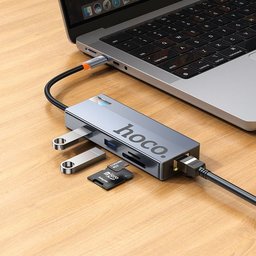محول hoco HB52 Wow نوع Type-C هب 8 في 1 - نقل 5Gbps وفيديو 4K وشحن PD100W ومنفذ RJ45 وقارئ SD/TF hoco HB52 Wow Type-C Hub 8 In 1