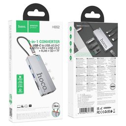 محول hoco HB52 Wow نوع Type-C هب 8 في 1 - نقل 5Gbps وفيديو 4K وشحن PD100W ومنفذ RJ45 وقارئ SD/TF hoco HB52 Wow Type-C Hub 8 In 1
