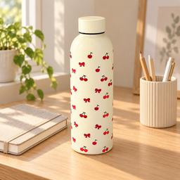 مطارة ماء بنقشة الكرز – لون كريمي Cherry Pattern Water Bottle – Cream